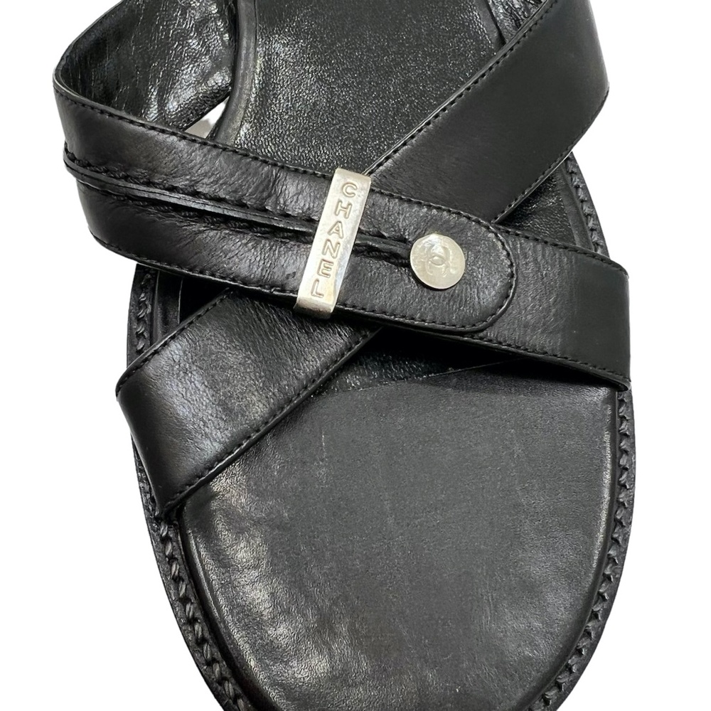 CHANEL BLACK LEATHER CRISS CROSS STRAP SANDAL WITH 1" BLOCK HEEL - Picture 8 of 16